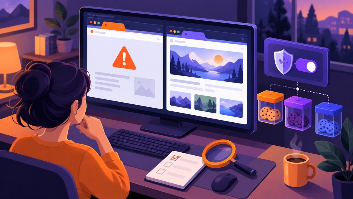 对比单一网站异常与正常网页的 Firefox 排查示意图