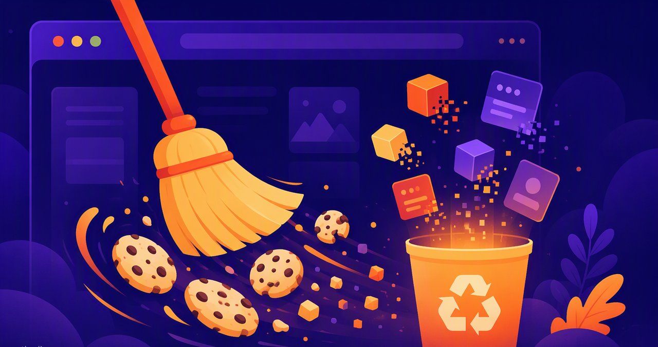 Firefox Cookie 与浏览数据清理概念图,饼干、扫帚与数据块元素