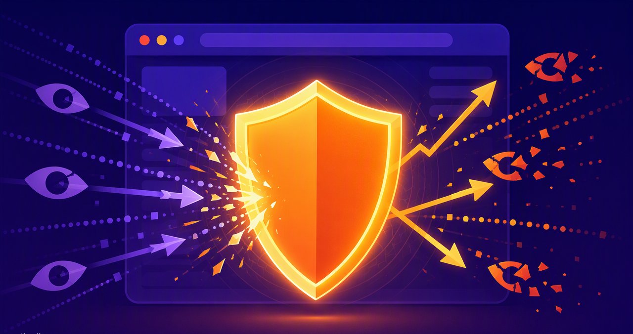Firefox 增强型跟踪保护拦截跨站追踪器示意图,盾牌挡住抽象跟踪脚本