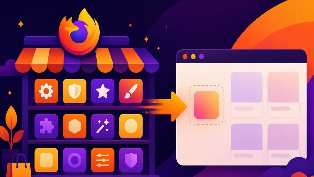 Firefox 扩展商店货架与浏览器窗口的扁平插画,示意从官方商店安装扩展